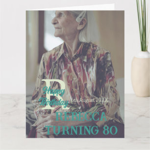 Photo 80th birthday add name date modern green tre card
