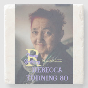 Photo 80th birthday add name date modern purple ye stone coaster