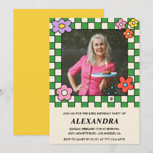 Photo 83rd birthday invitation Retro Groovy Floral