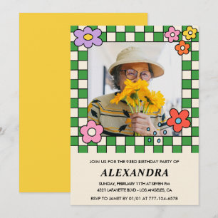 Photo 93rd birthday invitation Retro Groovy Floral
