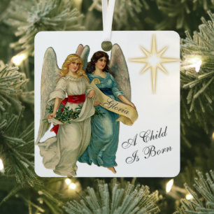 Photo Add Name Vintage Angels & Christmas Star  Metal Ornament