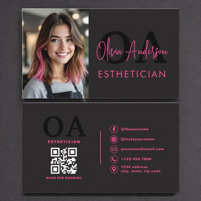 Photo Aesthetician QR Code Hot Pink Black Business Card (Creator Uploaded)