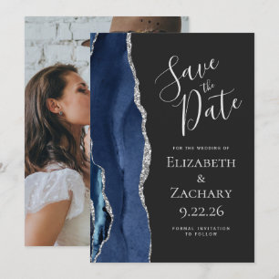 Photo Agate Blue Silver Dark Save the Date Invitation