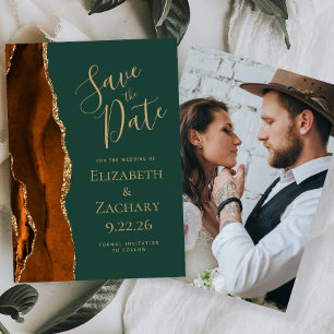 Photo Agate Burnt Orange Dark Green Save the Date Invitation