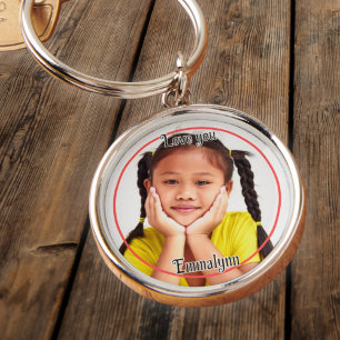 Photo and name in black and white with red circle keychain