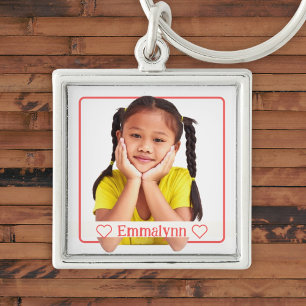 Photo and name on white with red frame keychain