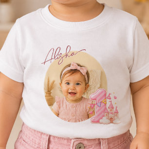 Photo and Name Pink One Castle Birthday Baby Shirt