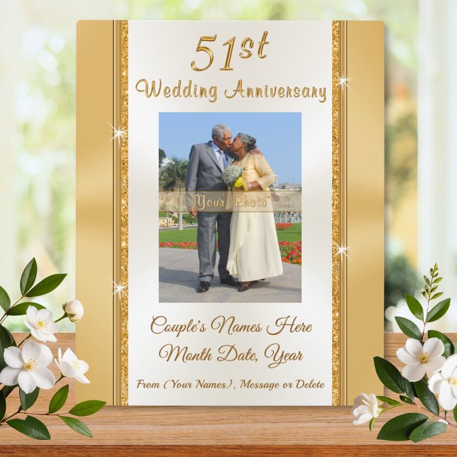 Photo and Personalized 51st Anniversary Gift Plaque (51st wedding anniversary gift for parents. Traditional gold photo, 51st wedding anniversary present.)