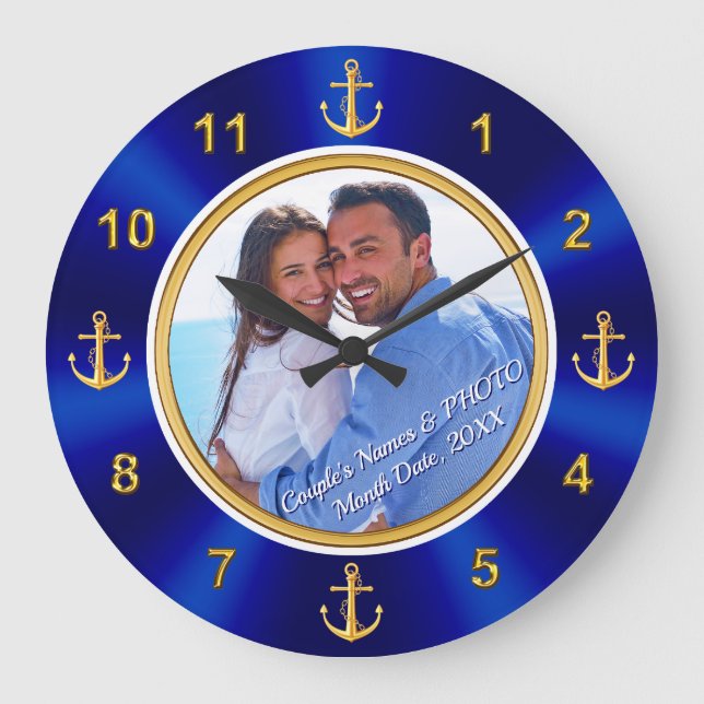 PHOTO and Personalized Nautical Wedding Gifts Large Clock (Front)