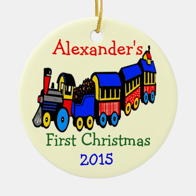 Photo and Toy Train First Christmas Personalize It Ceramic Ornament (Front)