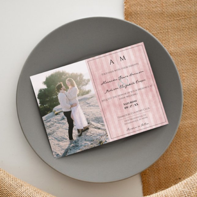 Photo and Vintage Stripes | Pink Wedding Invitation (Pink Photo and Vintage Stripes Wedding Invitation)