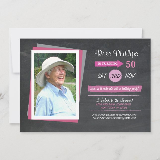 Photo Anniversaire Chalk rose Invitation femme (Devant)
