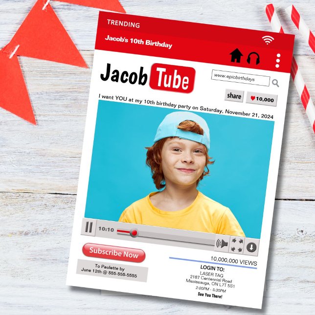 Photo Anniversaire Tube Party Invitation (Become a social media star for the day with this Youtube inspired birthday invitation.)