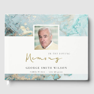 PHOTO AQUA DUSKY BLUE GOLD AGATE SYMPATHY MEMORIAL GUEST BOOK