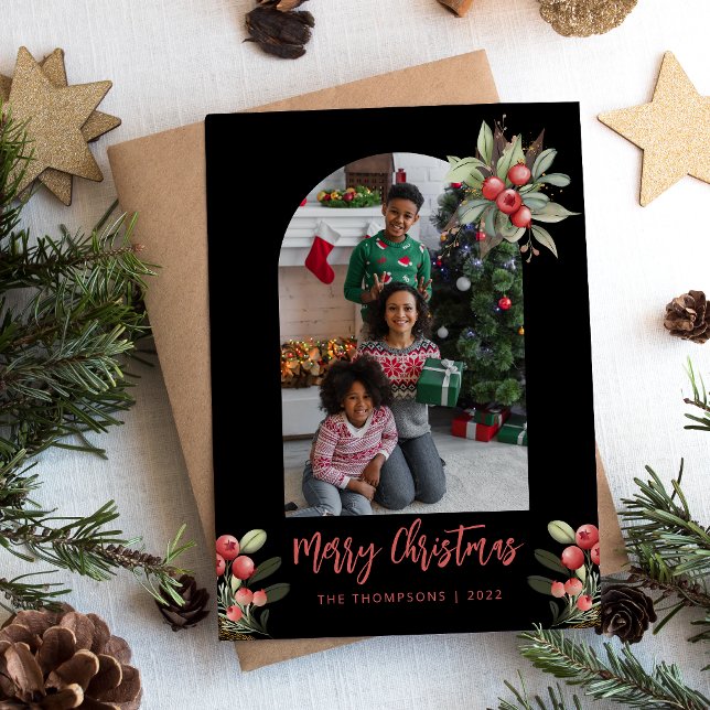 Photo Arch Cranberry Merry Christmas Black  Holiday Card (Creator Uploaded)