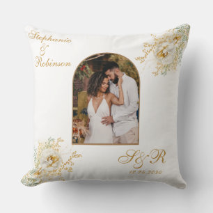 Photo Arch Elegant Gold Floral Monogram Wedding  Throw Pillow
