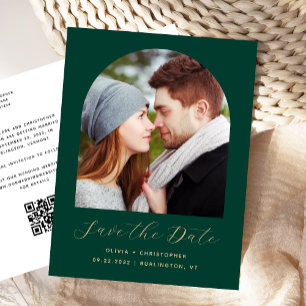 Photo Arch Emerald Green QR Code Save the Date Postcard