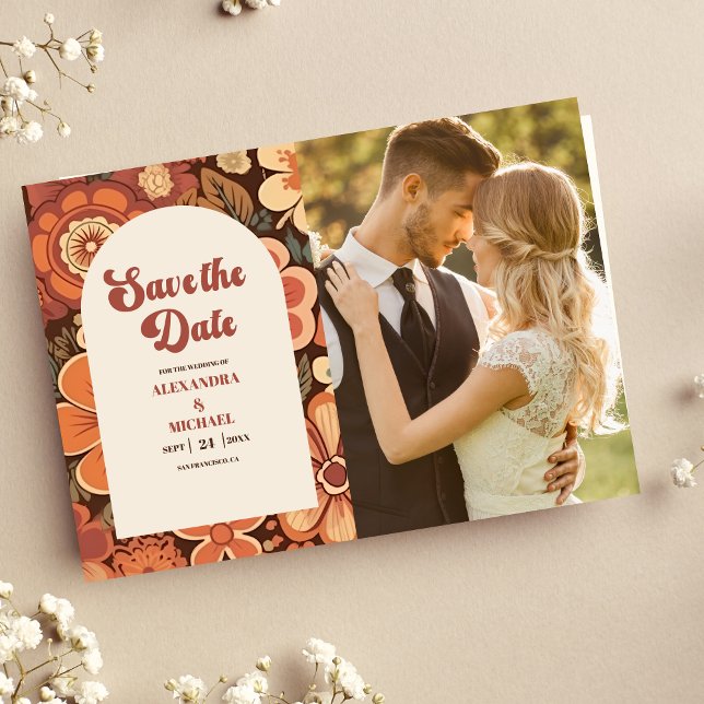 Photo Arch Groovy Retro 70s Floral Wedding Save The Date (Creator Uploaded)