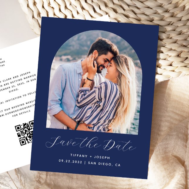 Photo Arch QR Code Navy Blue Save the Date Postcard (Creator Uploaded)