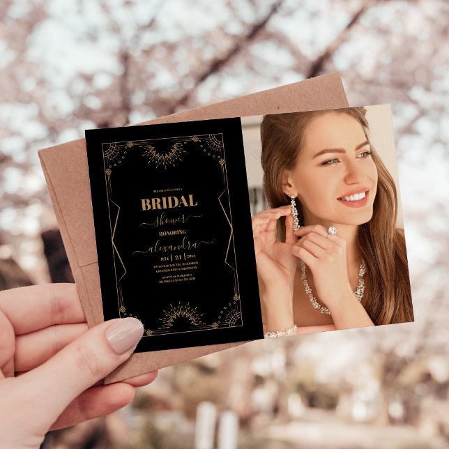 Photo Art Deco Bridal Black and Gold Invitation (Creator Uploaded)