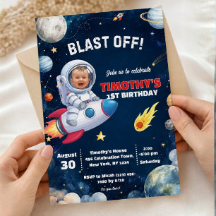 Photo Astronaut Outer Space Rocket Birthday Invitation