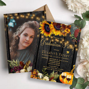 PHOTO Autumn fall rustic wood graduation party Invitation
