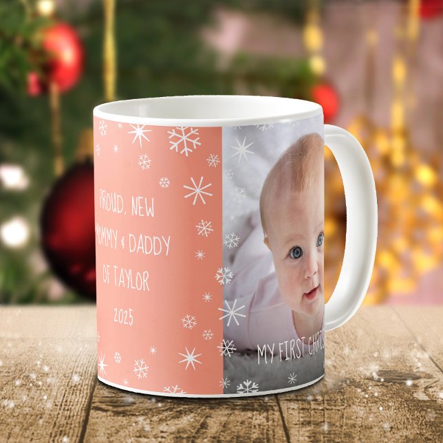 Photo Baby 1st Christmas New Mom Dad Custom Peach Coffee Mug (Creator Uploaded)