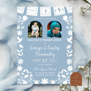 Photo Baby Blue Cielito Lindo Boy Twins Baptism Invitation