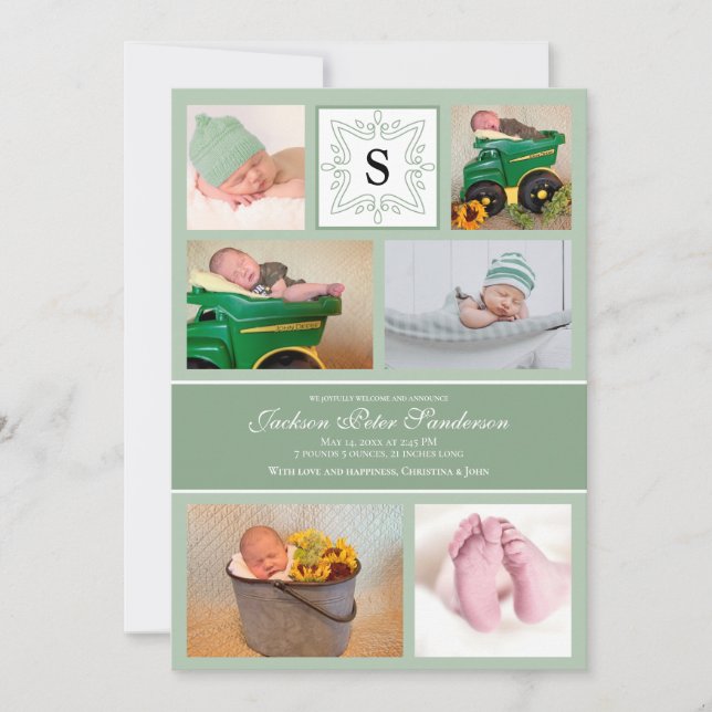 Photo Baby Boy Green Birth Announcement Monogram (Front)