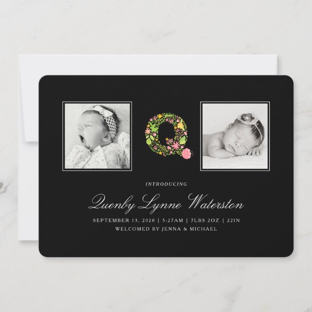 PHOTO BABY FAIRE-PART | Alphabet floral Q (Devant)