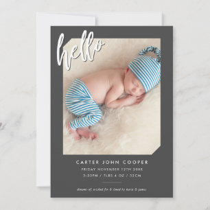 PHOTO BABY FAIRE-PART moderne hello script gris