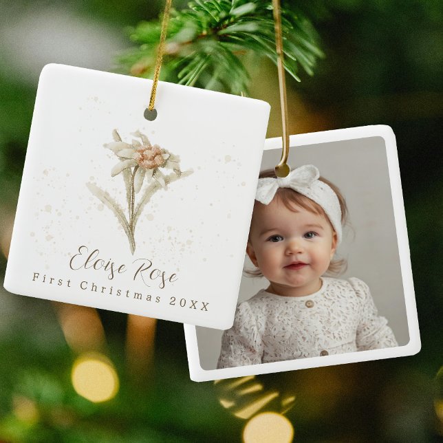 Photo Baby First Christmas Edelweiss Floral Ceramic Ornament (Creator Uploaded)