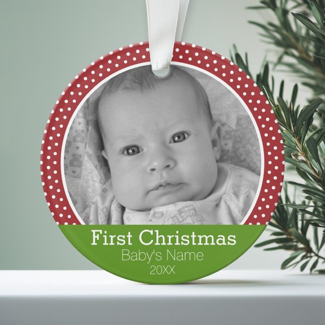 Photo Baby's First Christmas green/red polka dots Ornament (Personalized Photo Ornament)