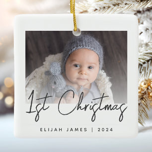 Photo Baby's First Christmas Grey Script Ceramic Ornament