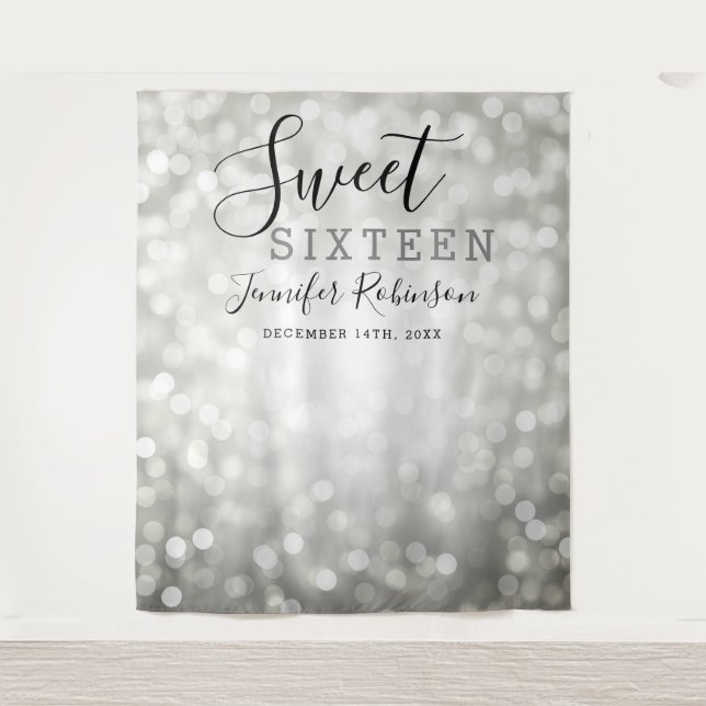 Photo Backdrop 16th Birthday Silver Glitter Lights Tapestry (Front)