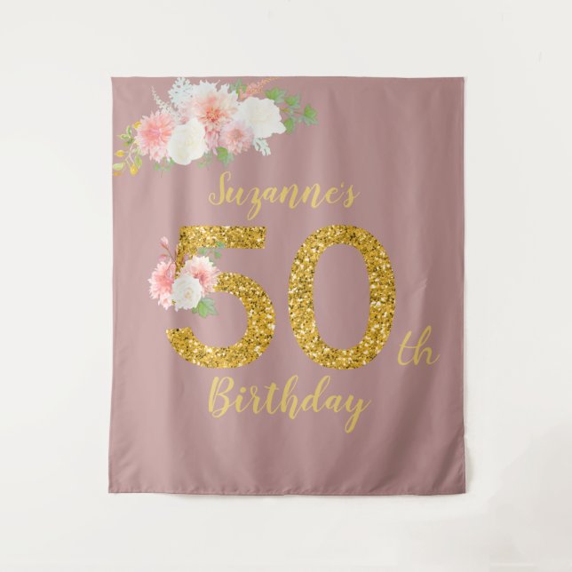 Photo Backdrop 50th Birthday Party Gold Flower Tapestry (Front)