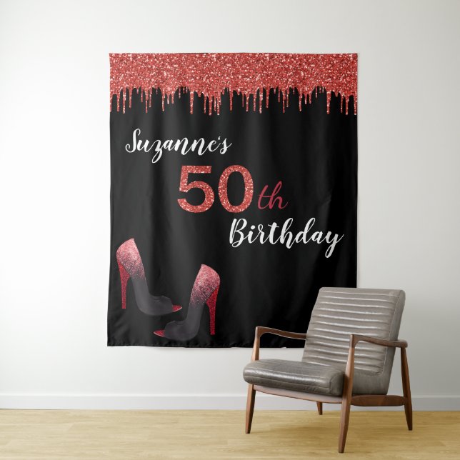Photo Backdrop 50th Birthday Party Red Glitter Tapestry (In Situ)