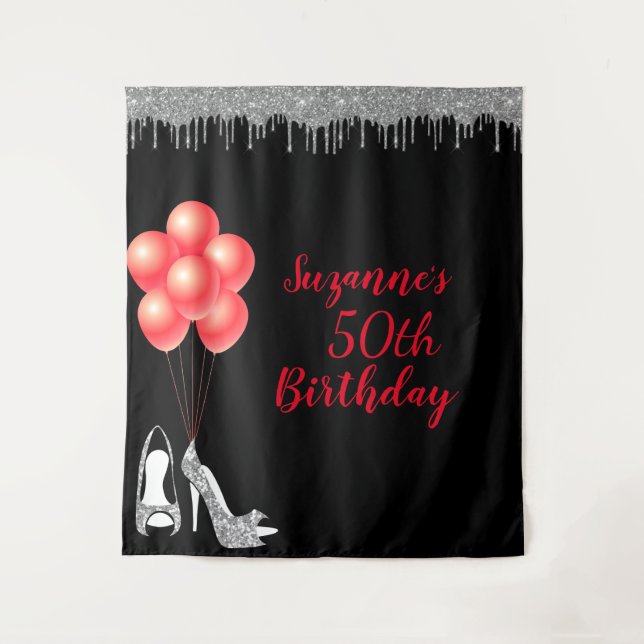 Photo Backdrop 50th Birthday Party Silver Glitter Tapestry (Front)