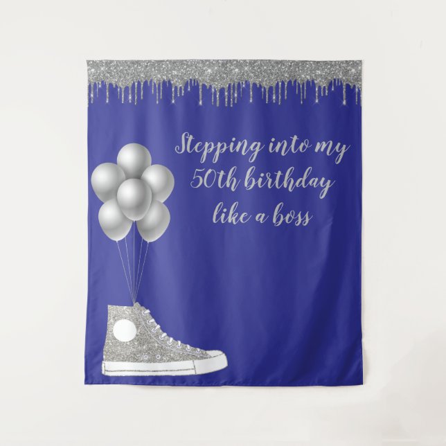 Photo Backdrop 50th Birthday Party Silver Glitter Tapestry (Front)
