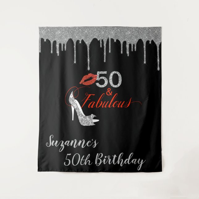 Photo Backdrop 50th Birthday Party Silver Glitter Tapestry (Front)