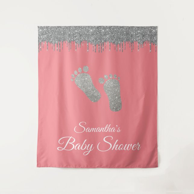 Photo Backdrop Baby Shower Feet Silver Glitter Tapestry (Front)
