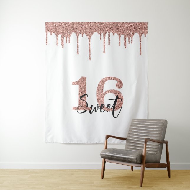 Photo Backdrop Booth Sweet 16 Sixteen Rose Gold Tapestry (In Situ)