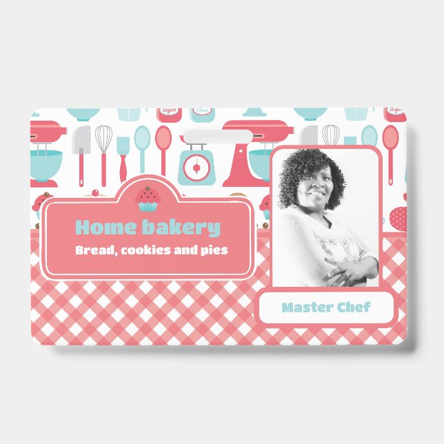 Photo Bakery Baking Utensils Pattern Red Gingham Badge (Front)