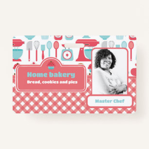 Photo Bakery Baking Utensils Pattern Red Gingham Badge
