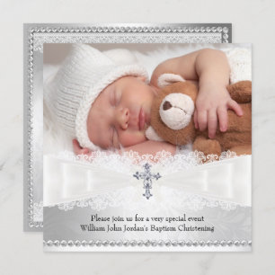 Photo Baptême White & Silver Cross Invitation