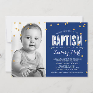 PHOTO BAPTISM cute gold glitter confetti navy blue Invitation
