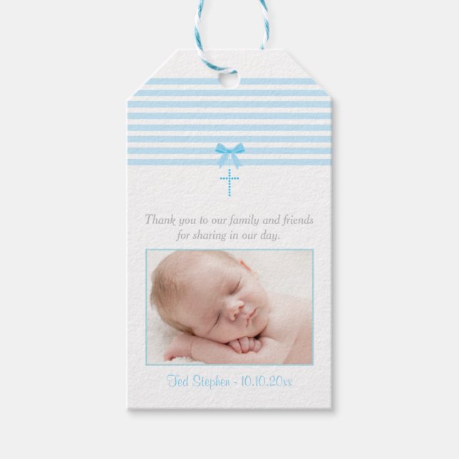 Photo Baptism Favour Gift Tag | Blue (Front)