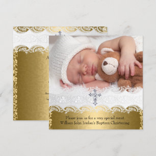Photo Baptism Gold Lace Cross Baby Boy Girl Invitation