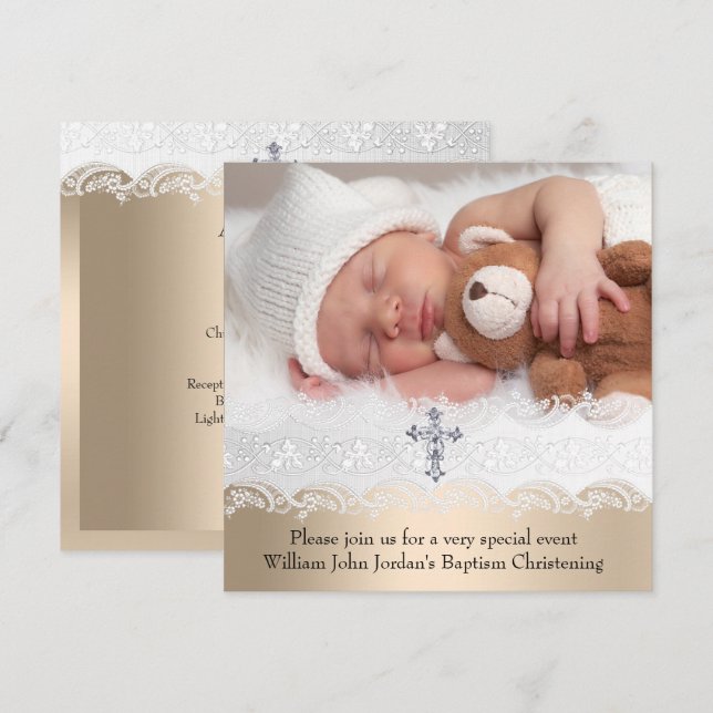 Photo Baptism White Beige Cross Baby Girl Boy Invitation (Front/Back)