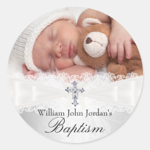 Photo Baptism White Silver Cross Sticker